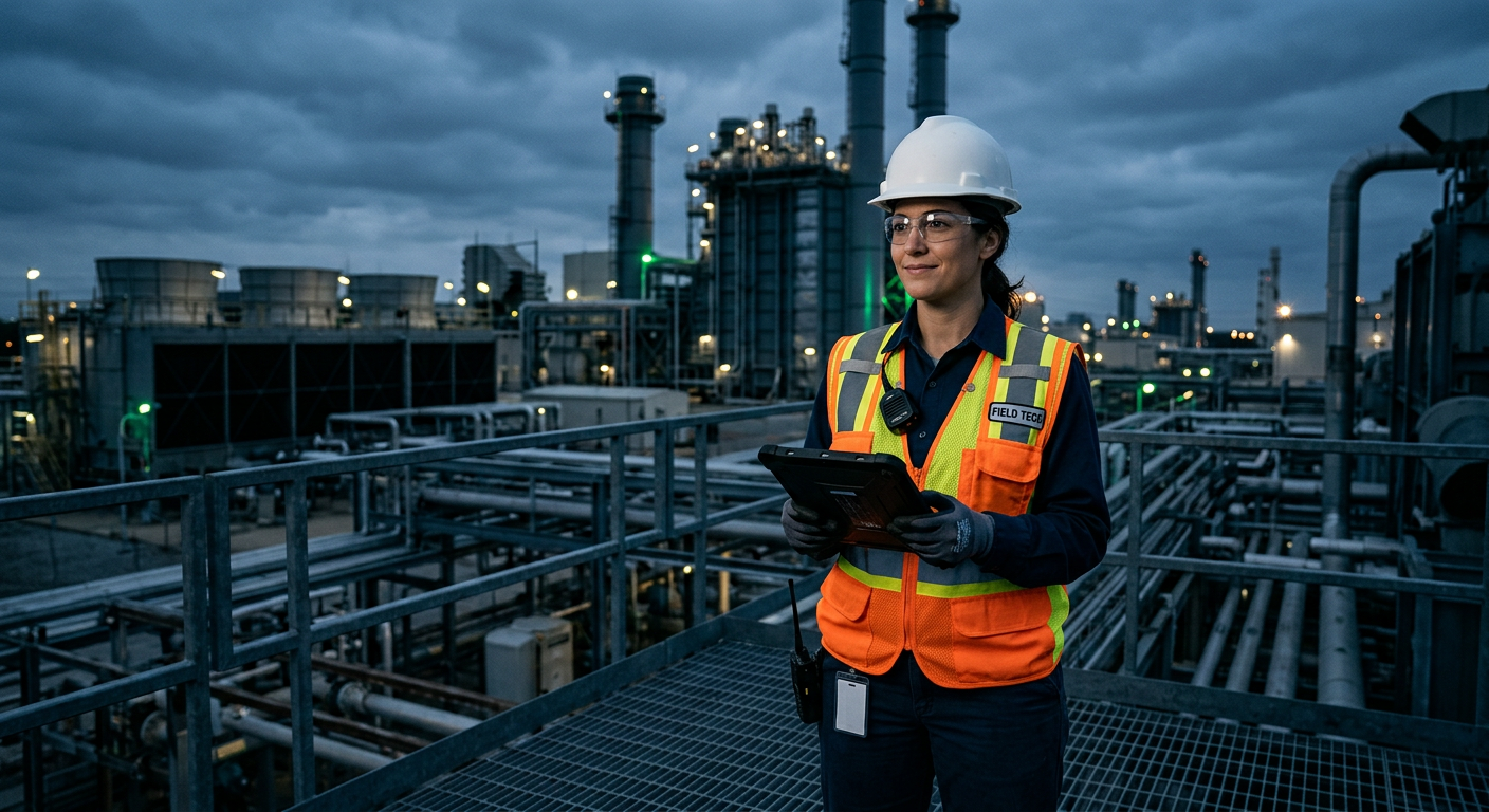 Field technician reviewing work on a tablet at an energy facility